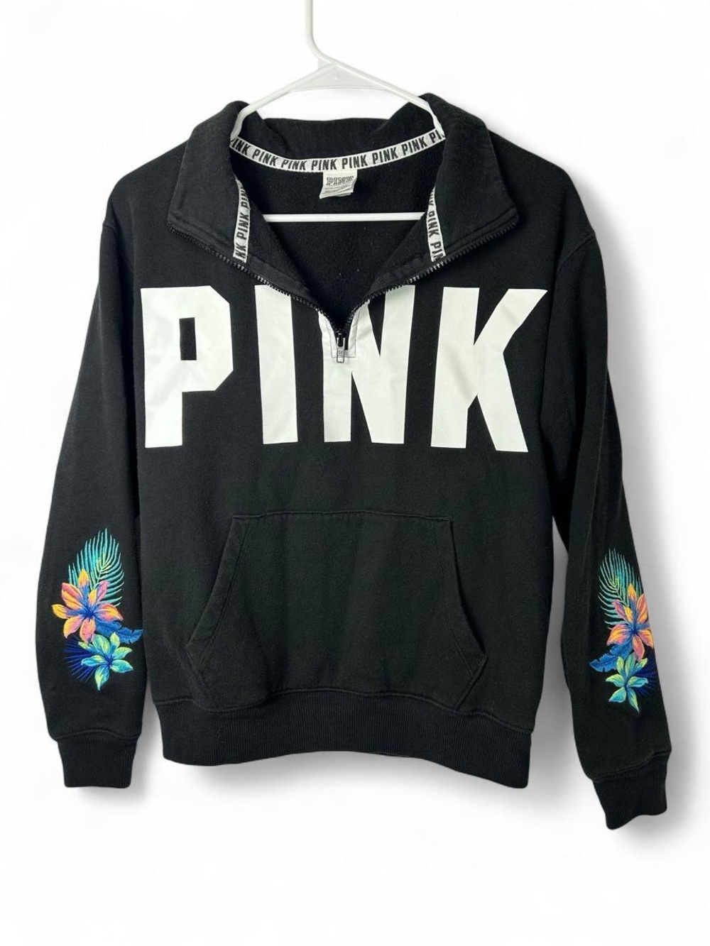 PINK Victoria's Secret Black Half-Zip Sweatshirt with Tropical Floral Sleeves